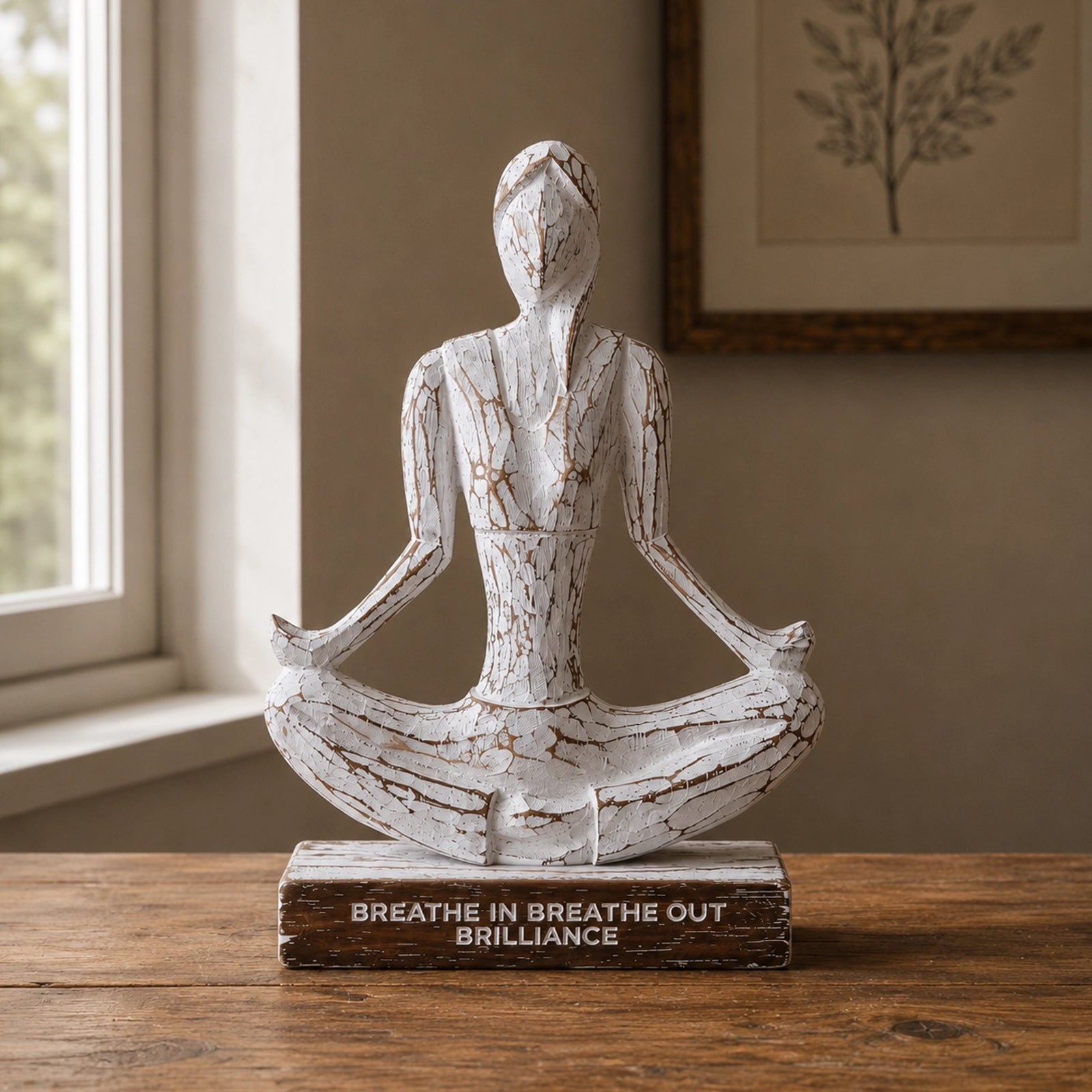Wooden Yoga Lady - Whitewash - Easy Pose - "Breathe in Breathe out Brilliance" features a whitewashed wooden figure in a meditative easy pose seated on a wooden base with engraved inspirational words.