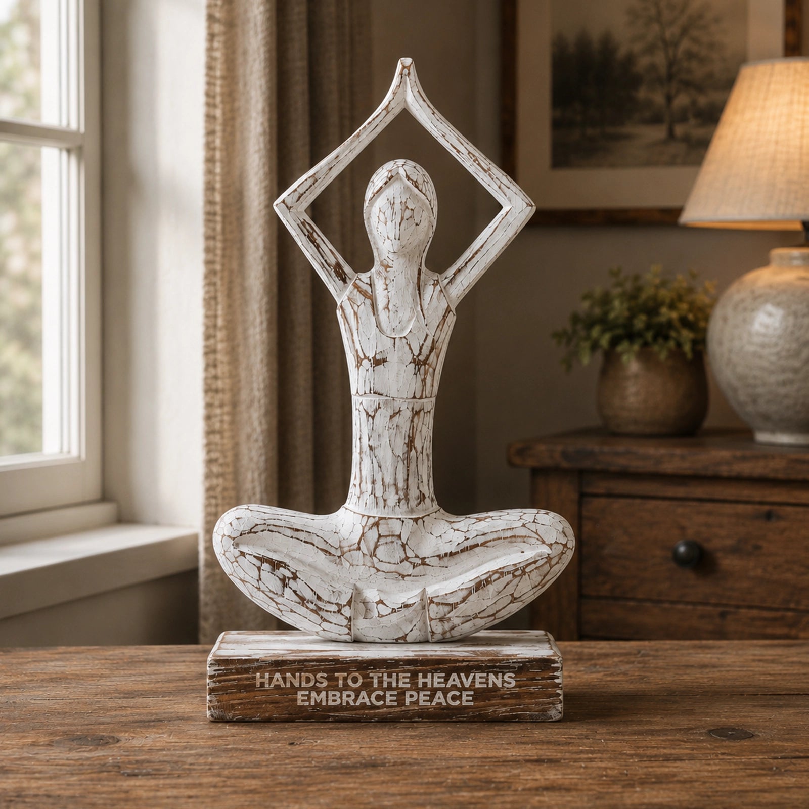 Wooden Yoga Lady - Whitewash - Hands Up Pose 