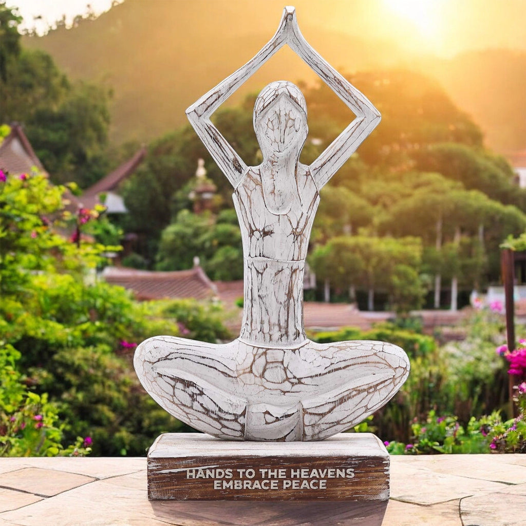 Wooden Yoga Lady - Whitewash - Hands Up Pose 