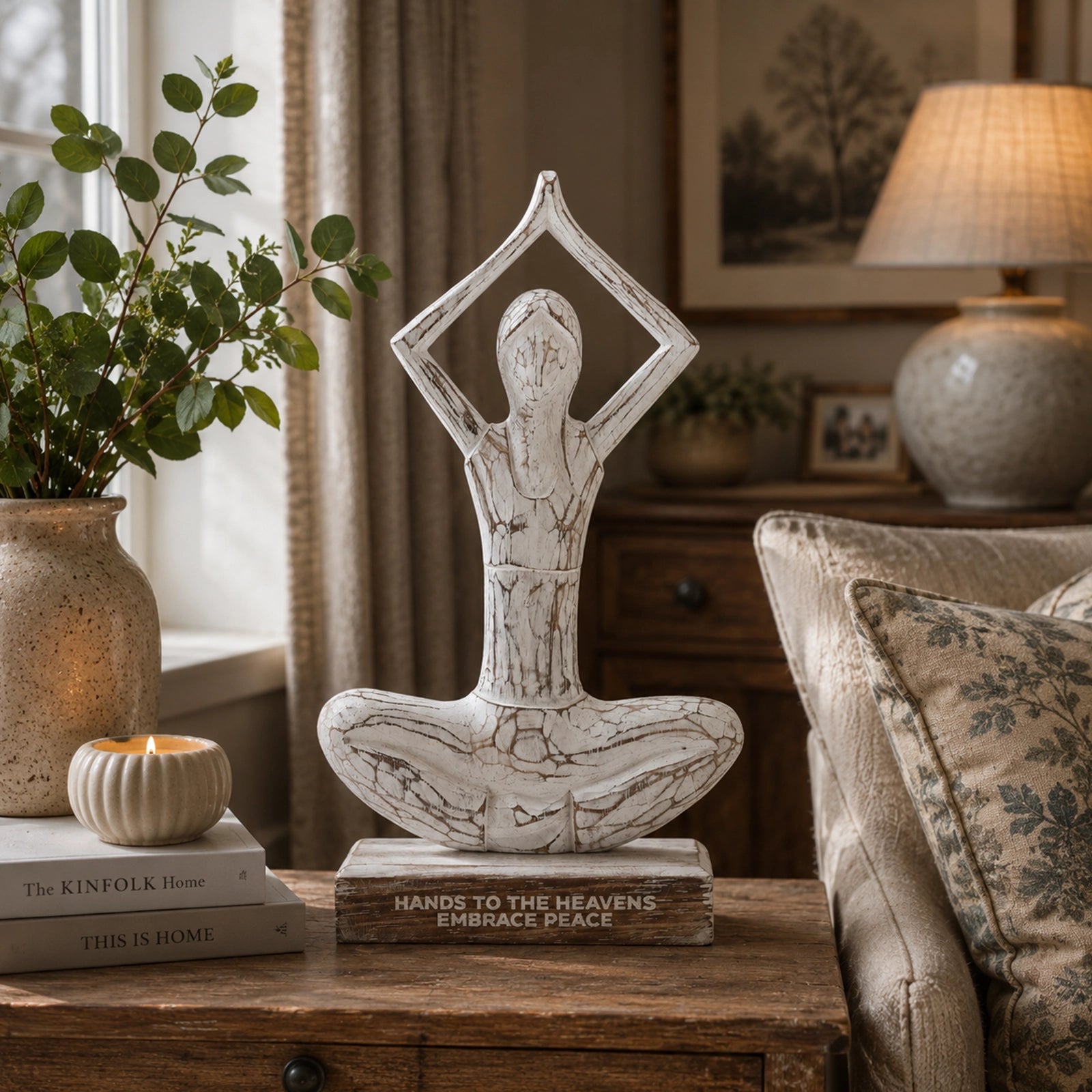 Wooden Yoga Lady - Whitewash - Hands Up Pose 