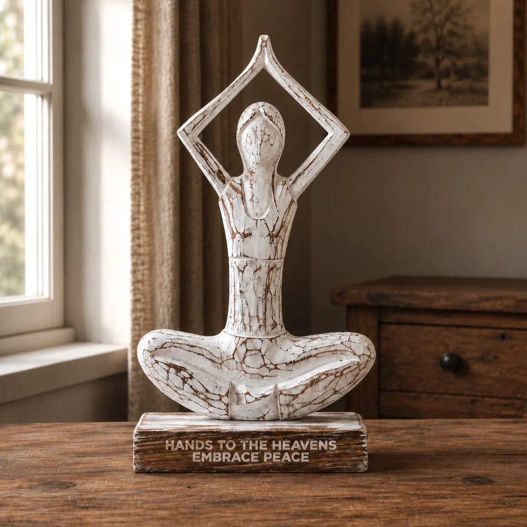 Wooden Yoga Lady Figurines Decorative Statue - Whitewash - Hands Up Pose - "Hands to the Heavens Embrace Peace"