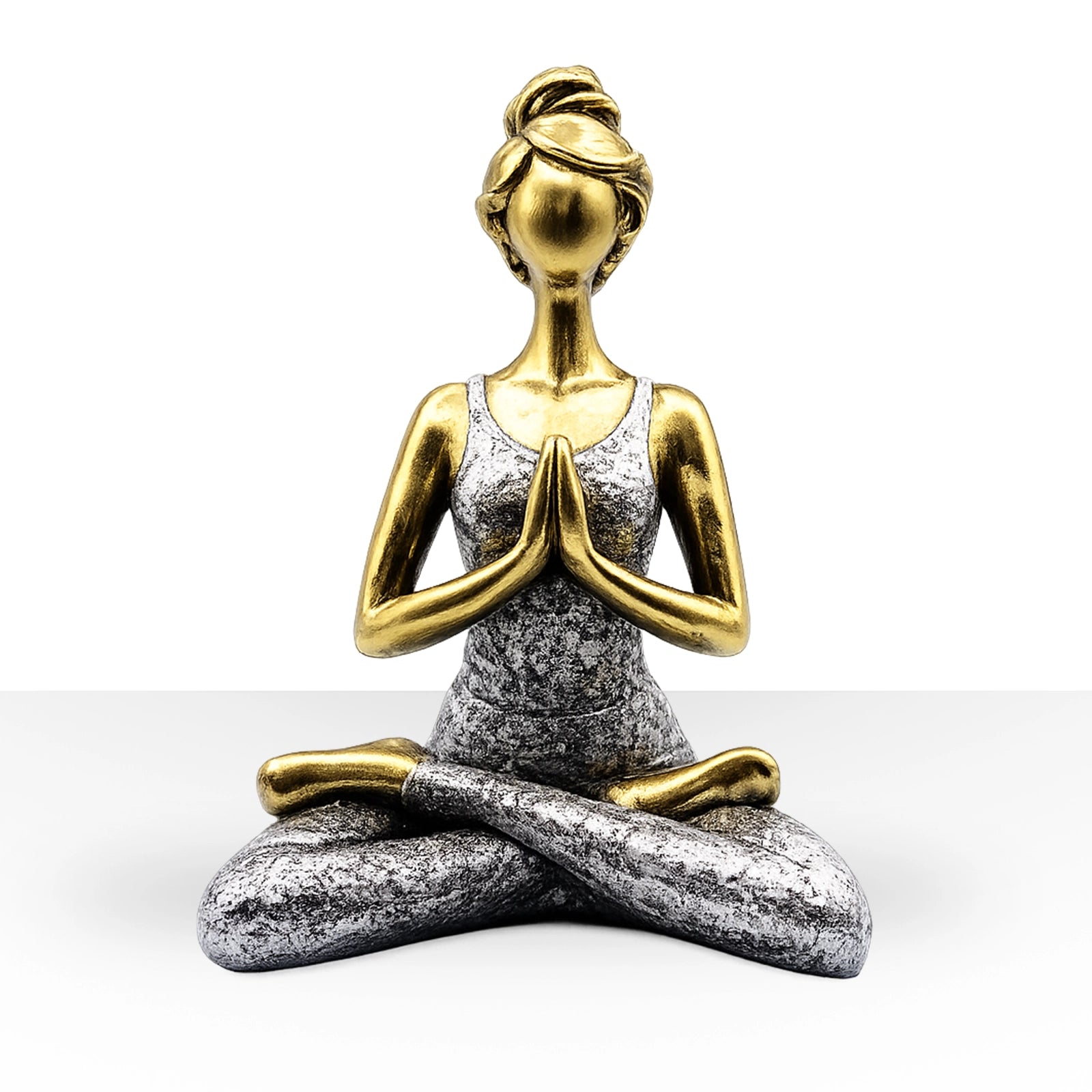 Yoga Lady Figure - Bronze & Silver 24cm depicts a serene woman in a seated meditation pose, blending bronze and silver tones for a calming decorative accent.