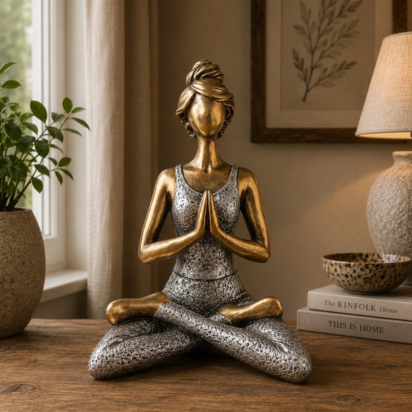 Yoga Lady Figure - Bronze & Silver 24cm depicts a serene woman in a seated meditation pose, blending bronze and silver tones for a calming decorative accent.