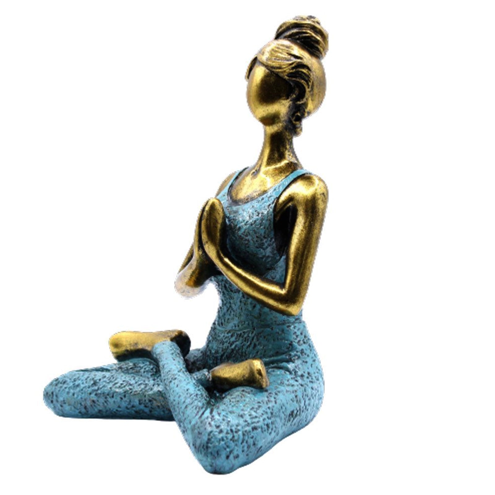Yoga Lady Figure - Bronze & Turquoise 24cm depicts a serene woman in a seated yoga pose with hands in prayer, featuring a bronze finish and turquoise outfit.