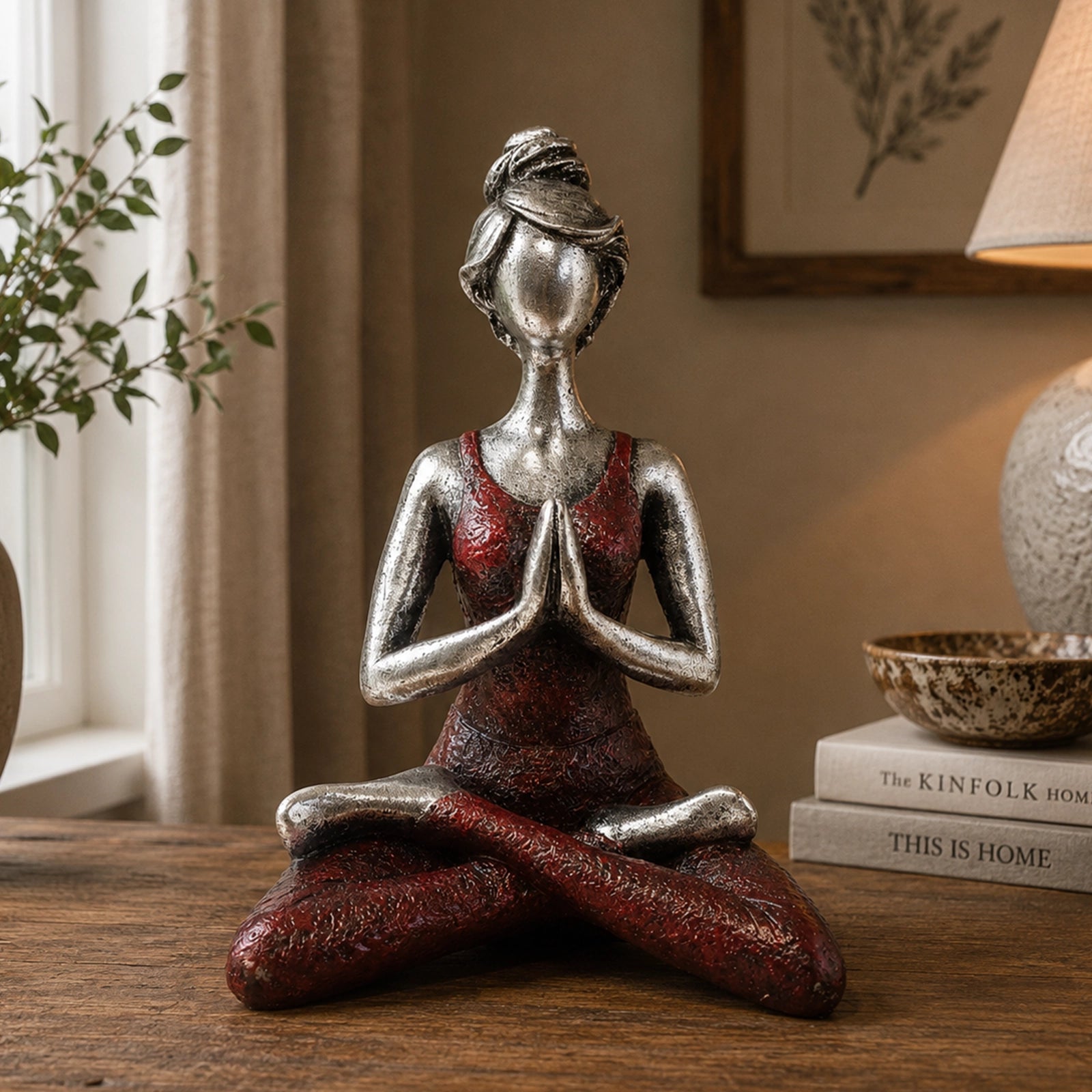 Yoga Lady Figure -  Silver & Bordeaux 24cm