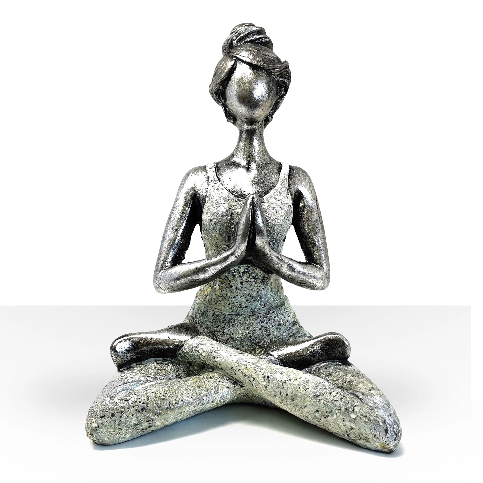 Yoga Lady Figure - Silver & White 24cm showing a serene woman in a cross-legged meditation pose with hands in prayer, crafted in silver and white tones.