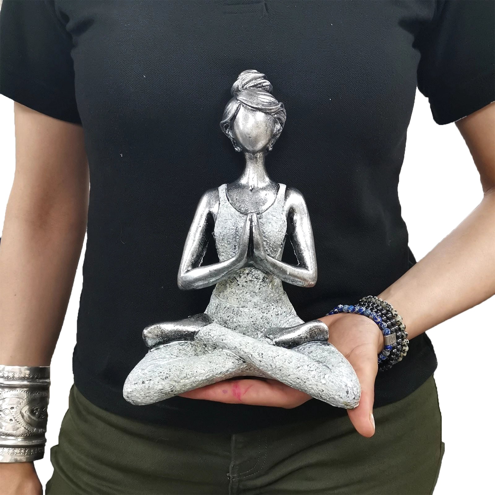 Yoga Lady Figure - Silver & White 24cm showing a serene woman in a cross-legged meditation pose with hands in prayer, crafted in silver and white tones.