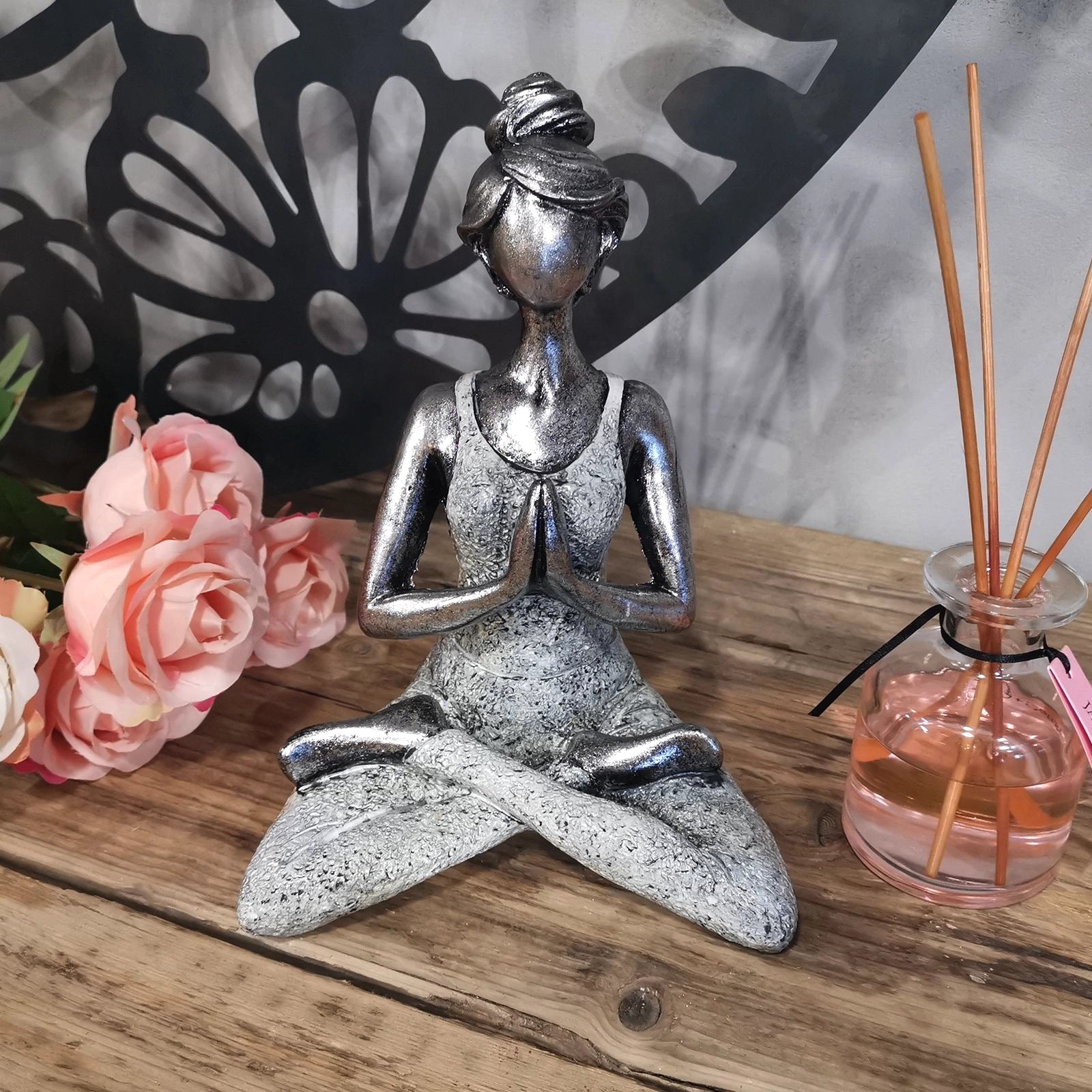 Yoga Lady Figure - Silver & White 24cm showing a serene woman in a cross-legged meditation pose with hands in prayer, crafted in silver and white tones.