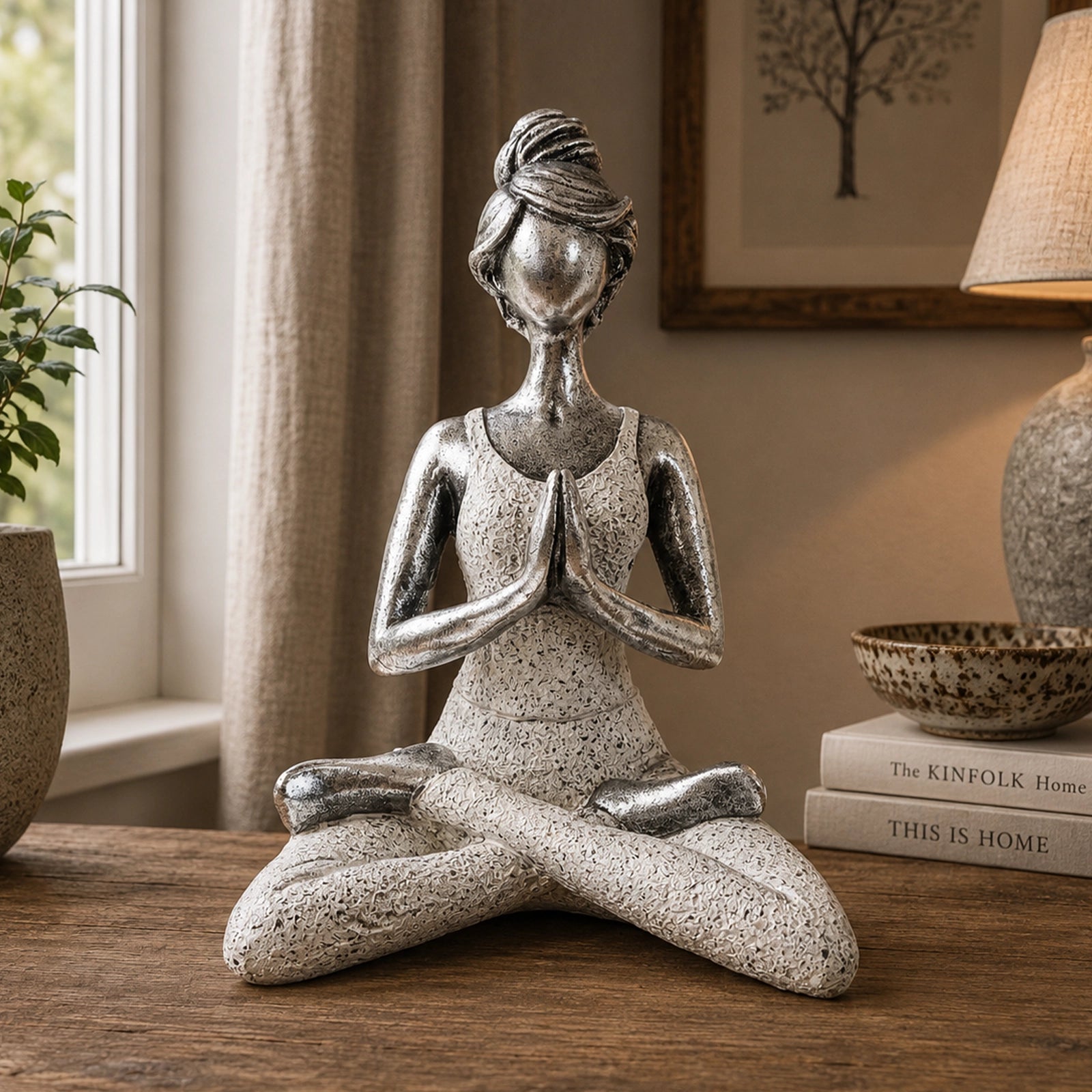 Yoga Lady Figure - Silver & White 24cm showing a serene woman in a cross-legged meditation pose with hands in prayer, crafted in silver and white tones.