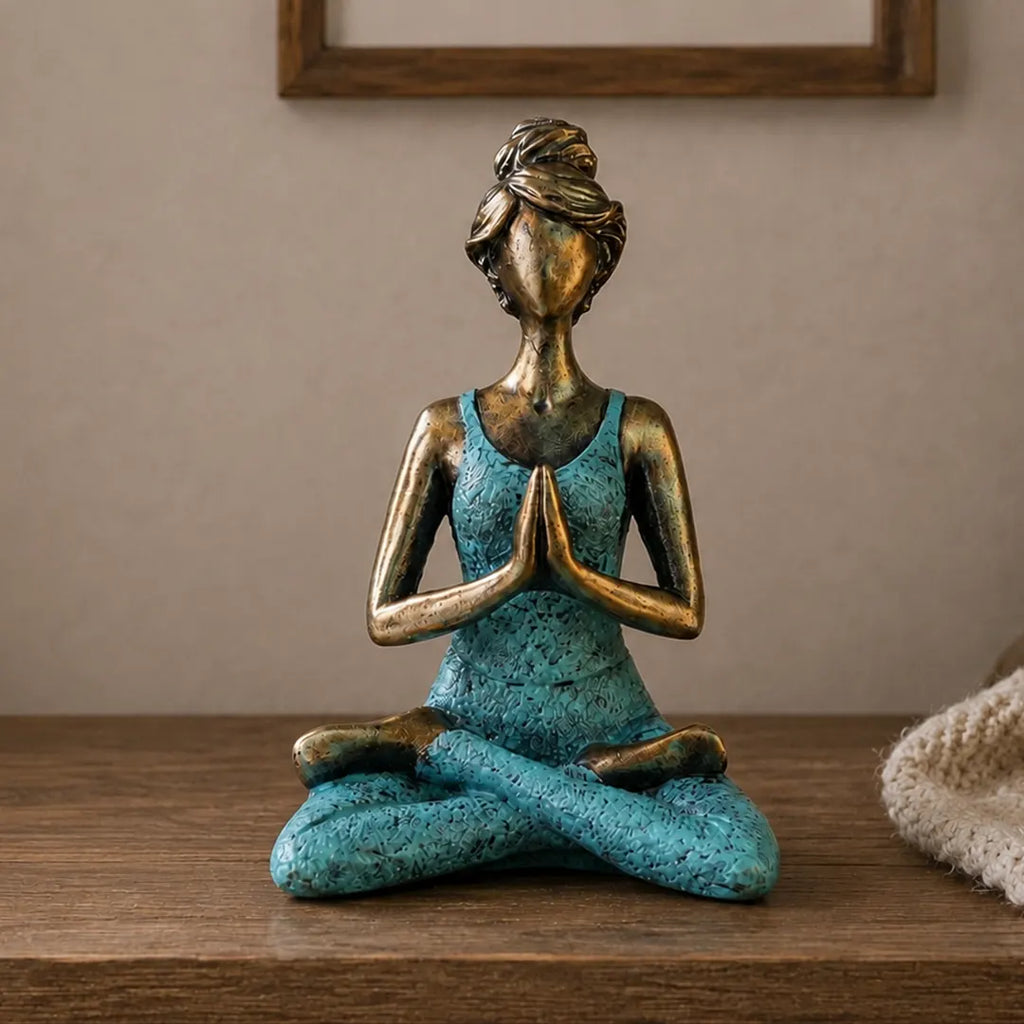 Yoga Lady Figurines Decorative Statue -  Bronze & Turqoise 24cm