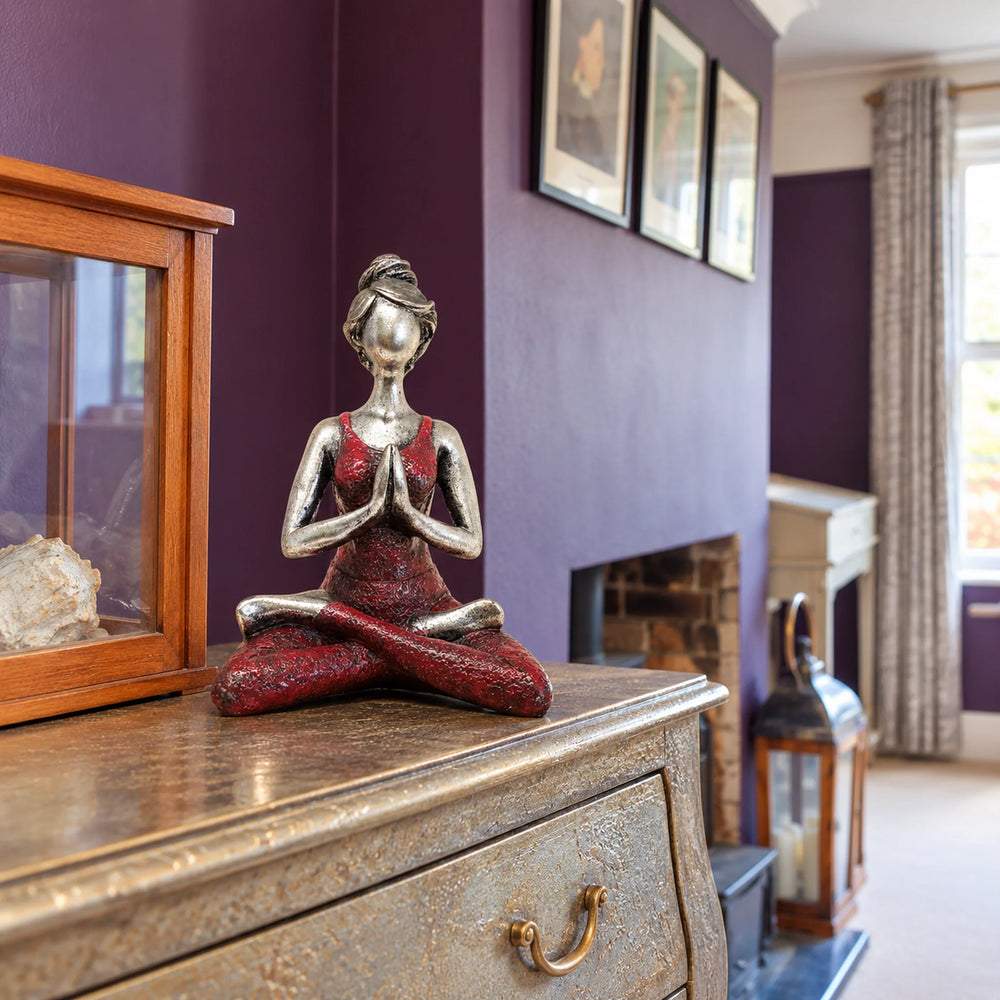 Yoga Lady Figurines Decorative Statue -  Silver & Bordeaux 24cm