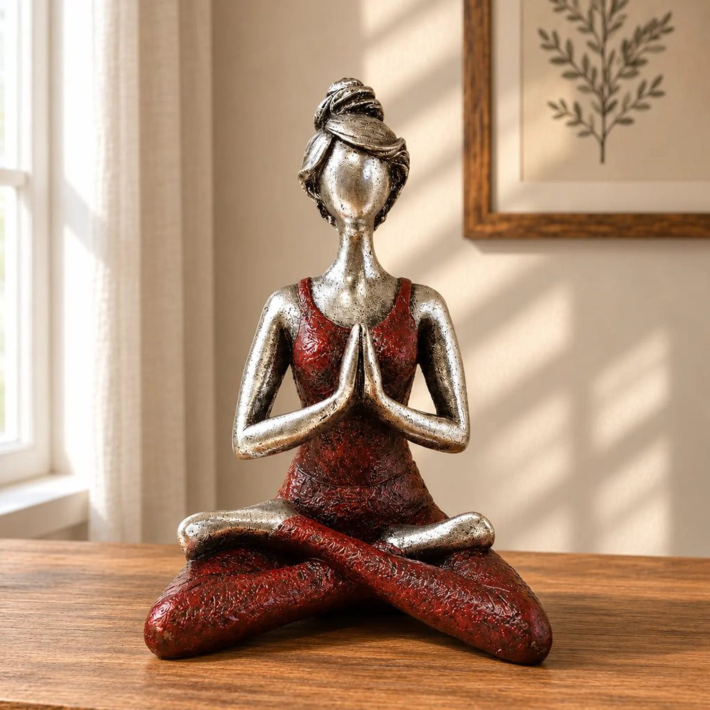 Yoga Lady Figurines Decorative Statue -  Silver & Bordeaux 24cm