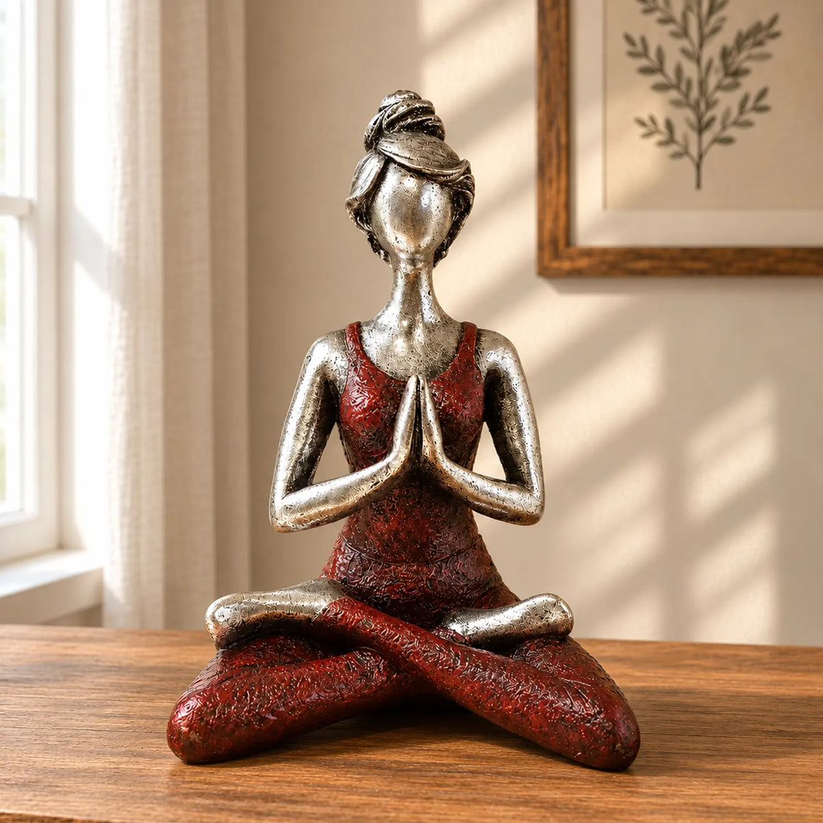 Yoga Lady Figurines Decorative Statue -  Silver & Bordeaux 24cm