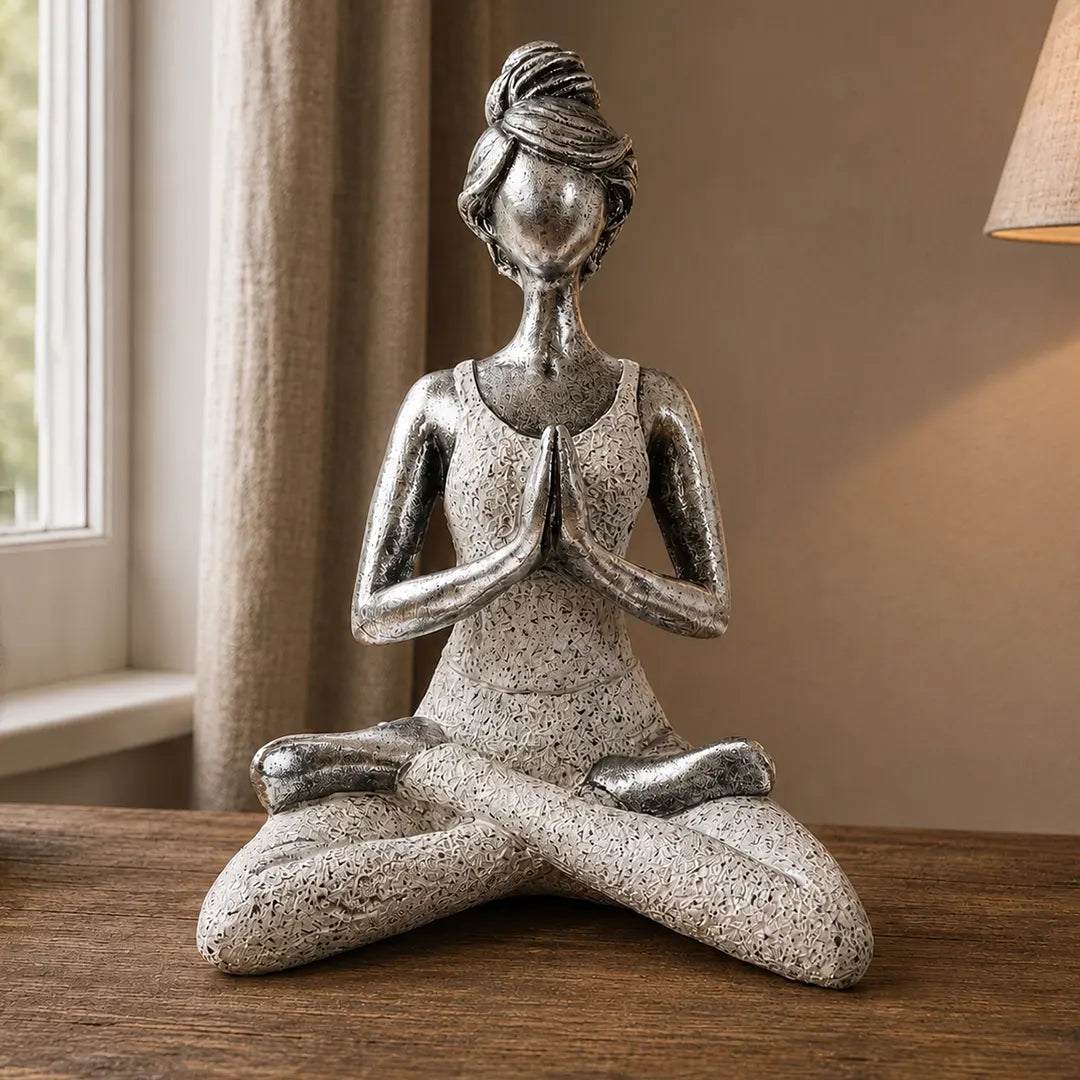 Yoga Lady Figurines Decorative Statue -  Silver & White 24cm