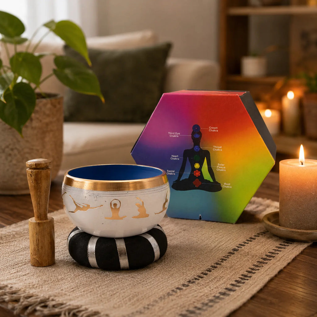 Yoga Moves Tibetan Singing Bowl Set - White and Blue 10.7cm