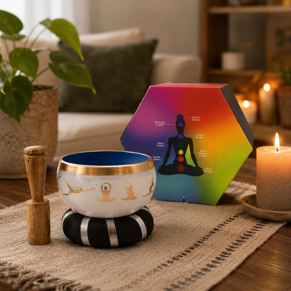 Yoga Moves Tibetan Singing Bowl Set - White and Blue 10.7cm