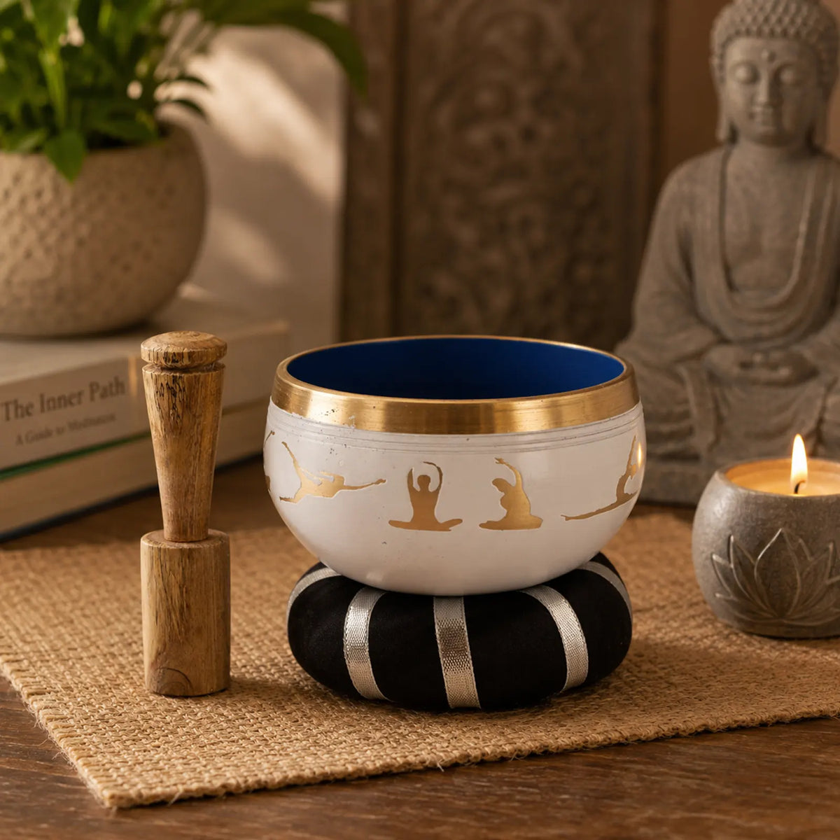 Yoga Moves Tibetan Singing Bowl Set - White and Blue 10.7cm