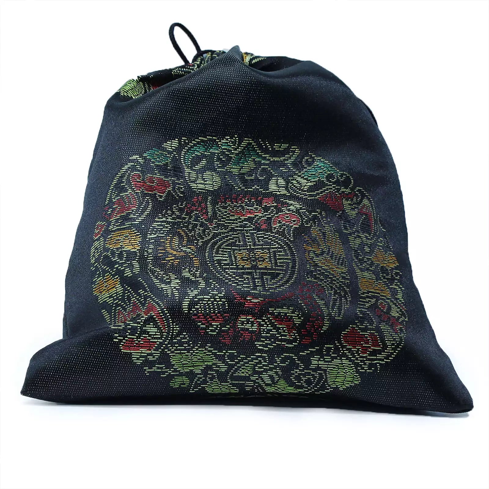 Black drawstring bag with colorful dragon design on a white background