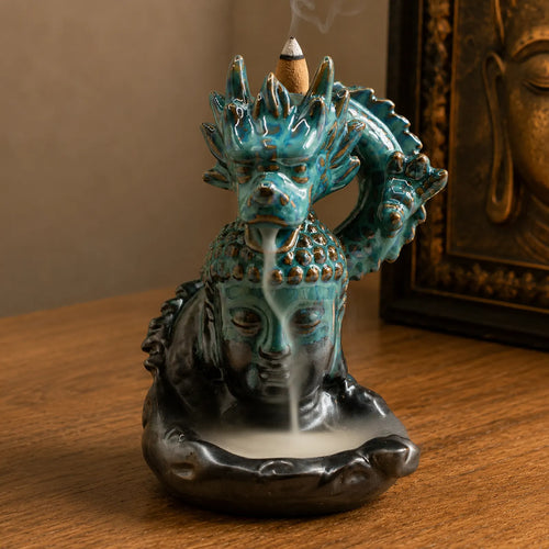 Backflow Incense Burner - Dragon Over Buddha - Glazed Ceramic 409g