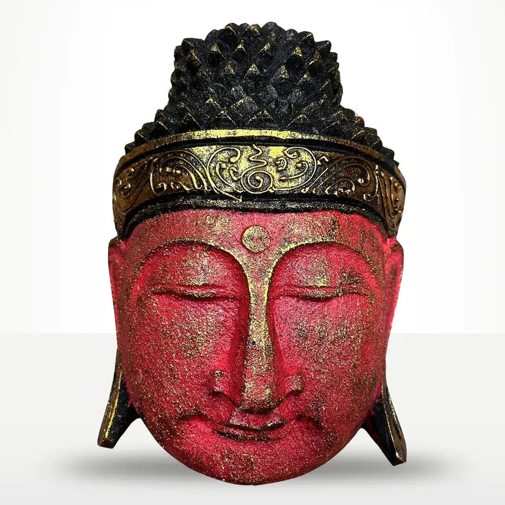 Home Decoration Buddha Head - 25cm - Red Shine Finish with intricate gold detailing, serene facial expression, and textured surface, perfect for Buddha decor and tabletop display.