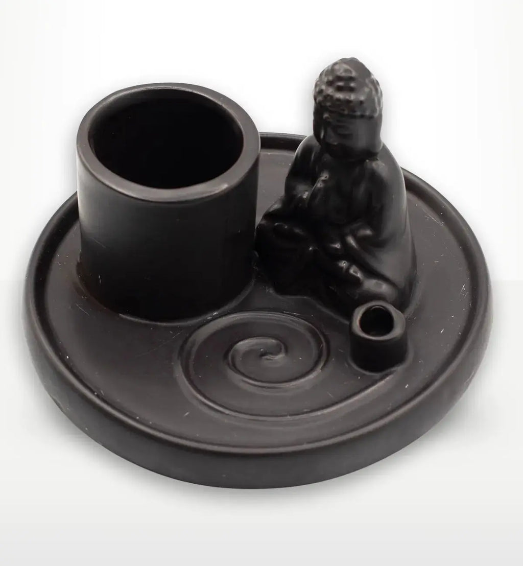 Multi Purpose Buddha Incense Plate - Ceramic Matt Black featuring a seated Buddha figure beside a holder on a round plate with a spiral design, crafted in matte black ceramic.