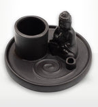 Multi Purpose Buddha Incense Plate - Ceramic Matt Black featuring a serene seated Buddha figure, round base with spiral design, and holders for incense sticks and cones.