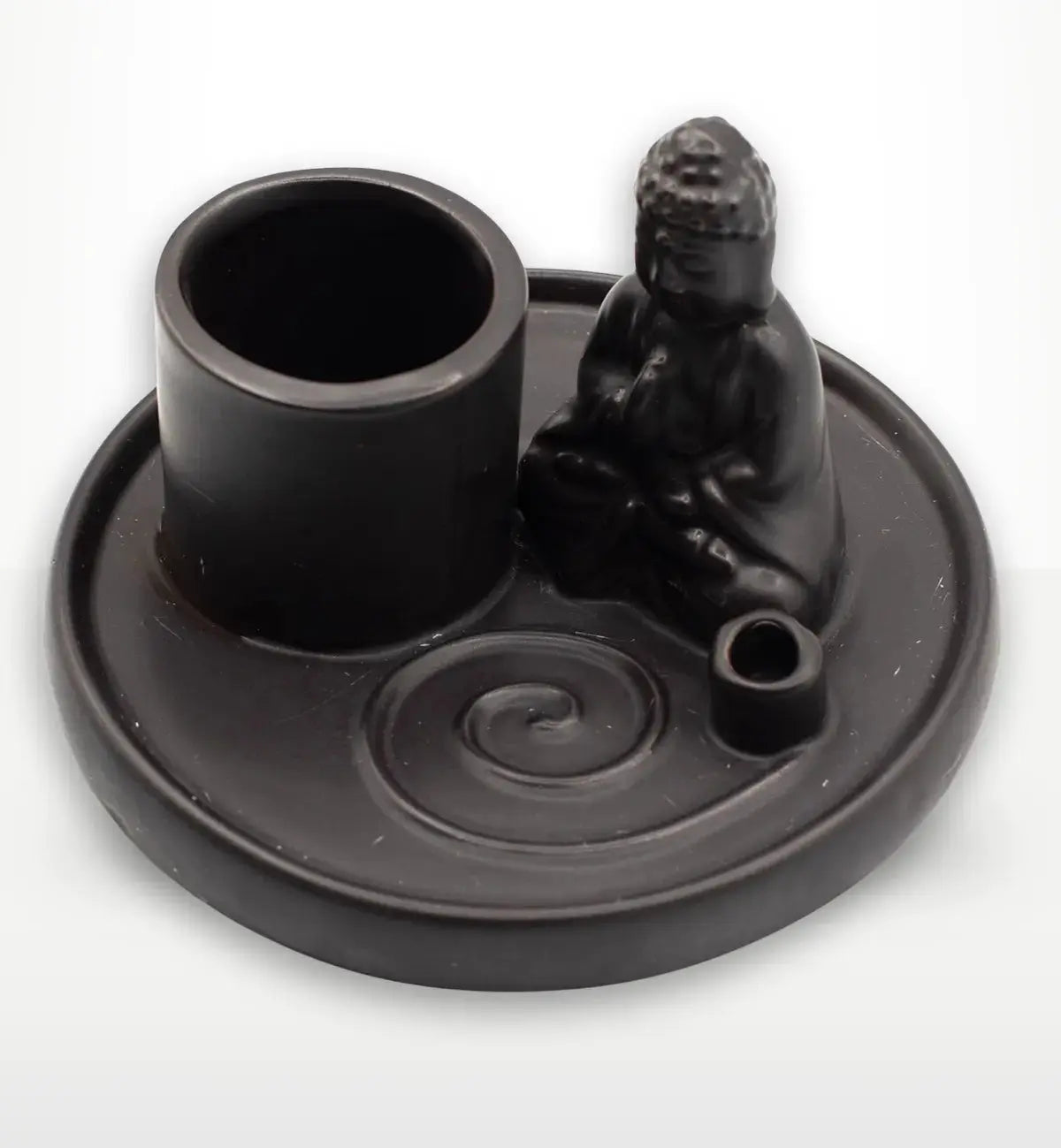 Multi Purpose Buddha Incense Plate - Ceramic Matt Black featuring a seated Buddha figure beside a holder on a round plate with a spiral design, crafted in matte black ceramic.