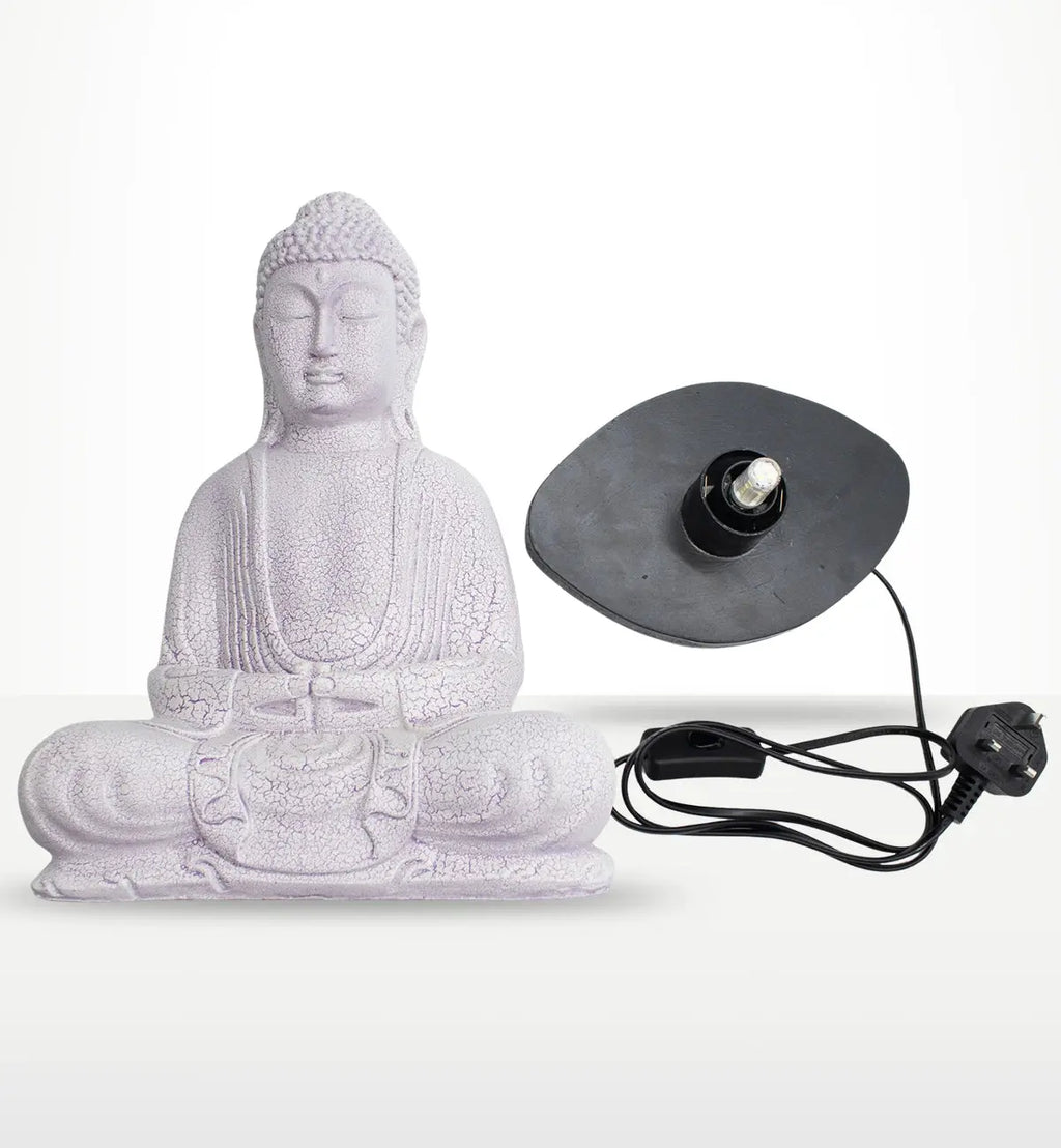 Meditation Buddha Lamp Lavender Crackle - Oval Stand featuring a lavender crackle finish Buddha statue with a black oval lamp base and an attached power cord.