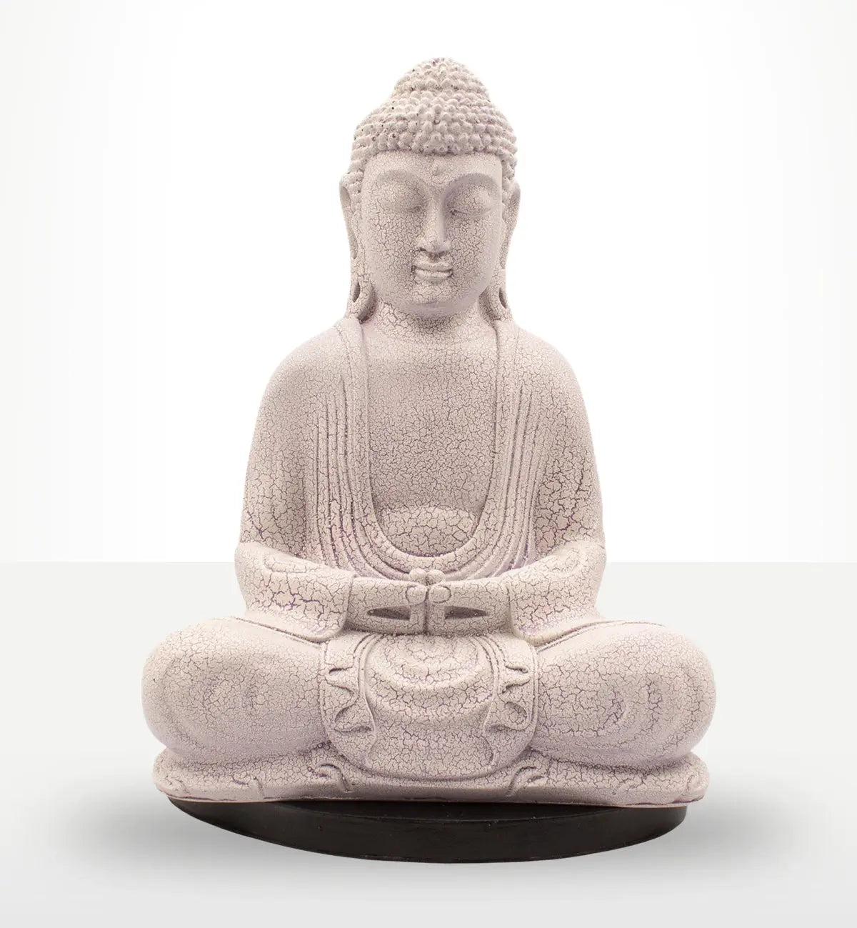 Meditation Buddha Lamp Lavender Crackle - Oval Stand showing a serene Buddha figure with a textured lavender crackle finish seated in a meditative pose on an oval base.