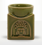 Square Buddha Burner - Light Jade in glossy ceramic with a carved Buddha face design on the front, combining elegant decor with a calming incense or oil burner function.