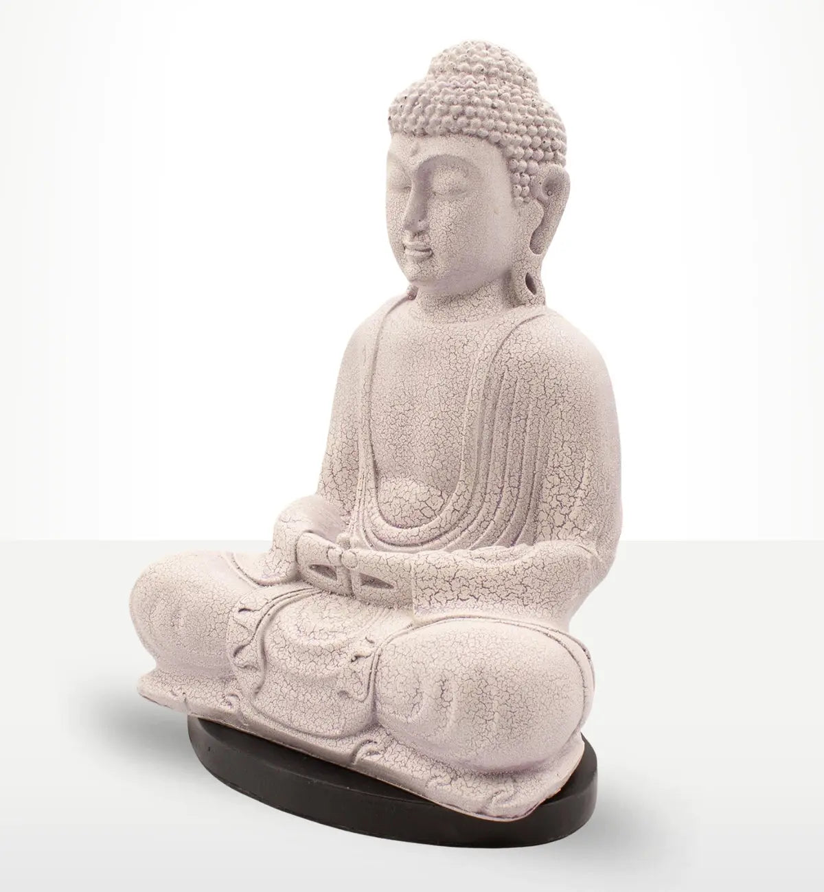 Meditation Buddha Lamp Lavender Crackle - Oval Stand featuring a serene lavender crackle finish Buddha statue seated in meditation on an oval black base, ideal for peaceful Buddha decor.