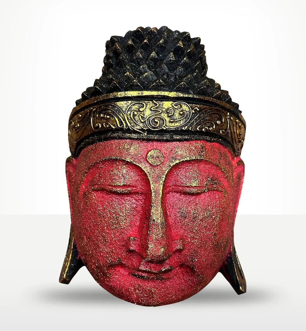 Home Decoration Buddha Head - 25cm - Red Shine Finish featuring a serene face with intricate gold detailing and textured black hair, perfect as Buddha decor or a hand carved Buddha statue.