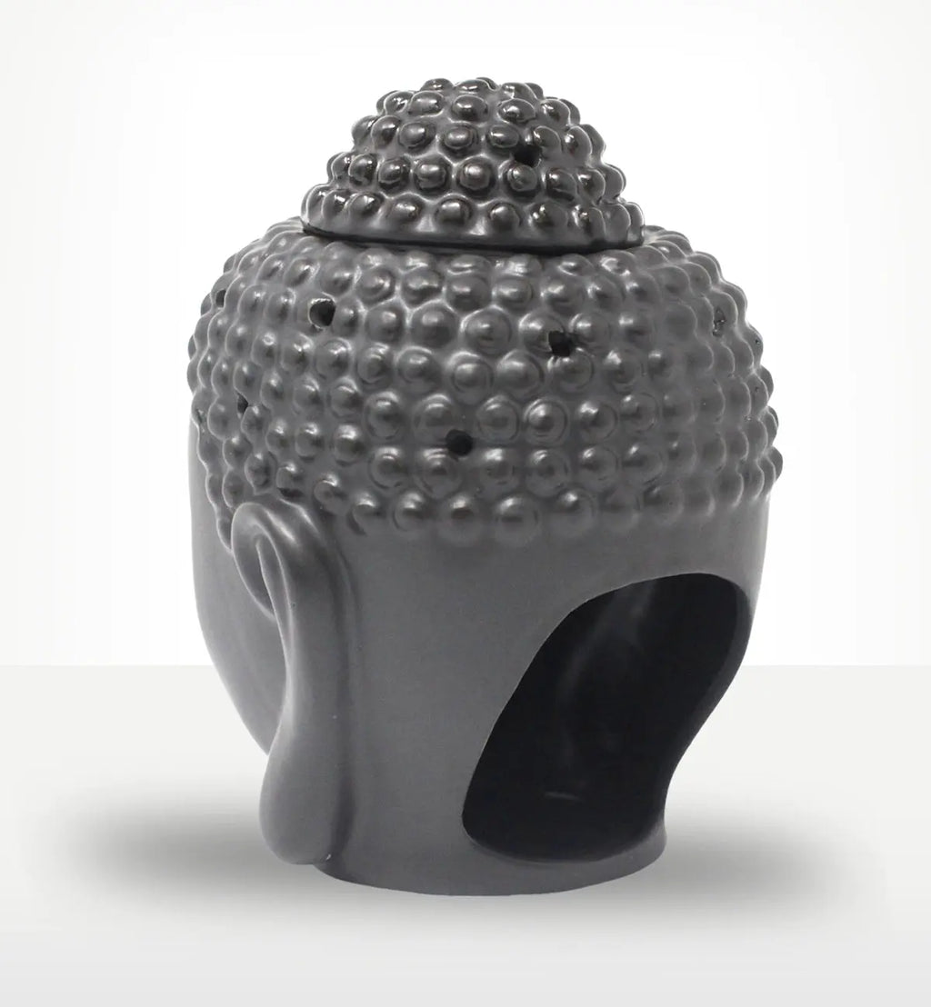 Buddah Head Oil Burner - Dark Brown featuring a detailed Buddha head design with textured curls, made for use as a Buddha oil burner decoration or Buddha decor piece.