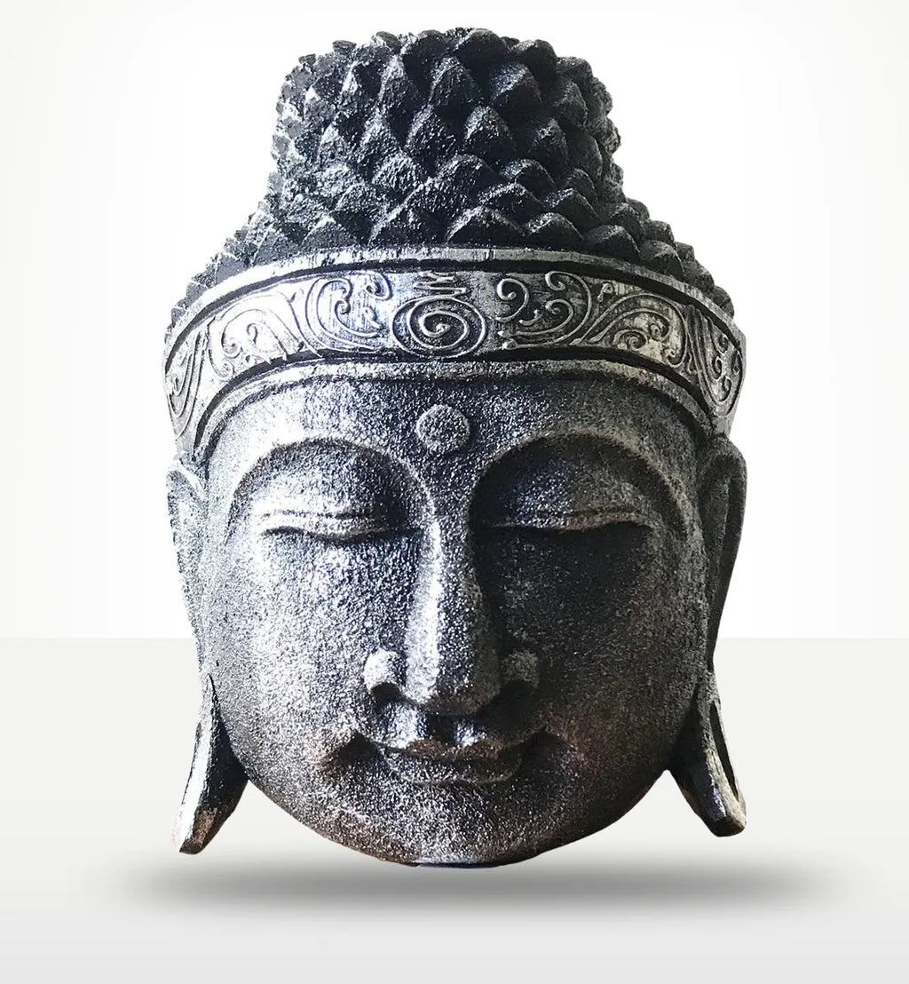 Home Decoration Buddha Head - 25cm - Silver Shine Finish featuring a serene Buddha face with detailed textured hair and ornate silver headband, perfect for Buddha decor.