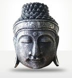 Home Decoration Buddha Head - 25cm - Silver Shine Finish featuring a serene face with closed eyes, detailed texture, and ornate headband, perfect for Buddha decor.