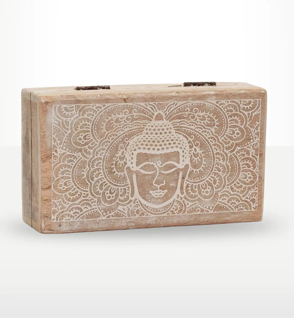 Med Square Box 17x10x4.2cm - Buddha Face Whitewash featuring a hand-carved Buddha face design with intricate whitewash patterns on natural wood for serene Buddha decor.