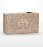 Med Square Box 17x10x4.2cm - Buddha Face Whitewash handcrafted wooden box with intricate Buddha face design and decorative patterns, ideal for Buddha decor and storage.