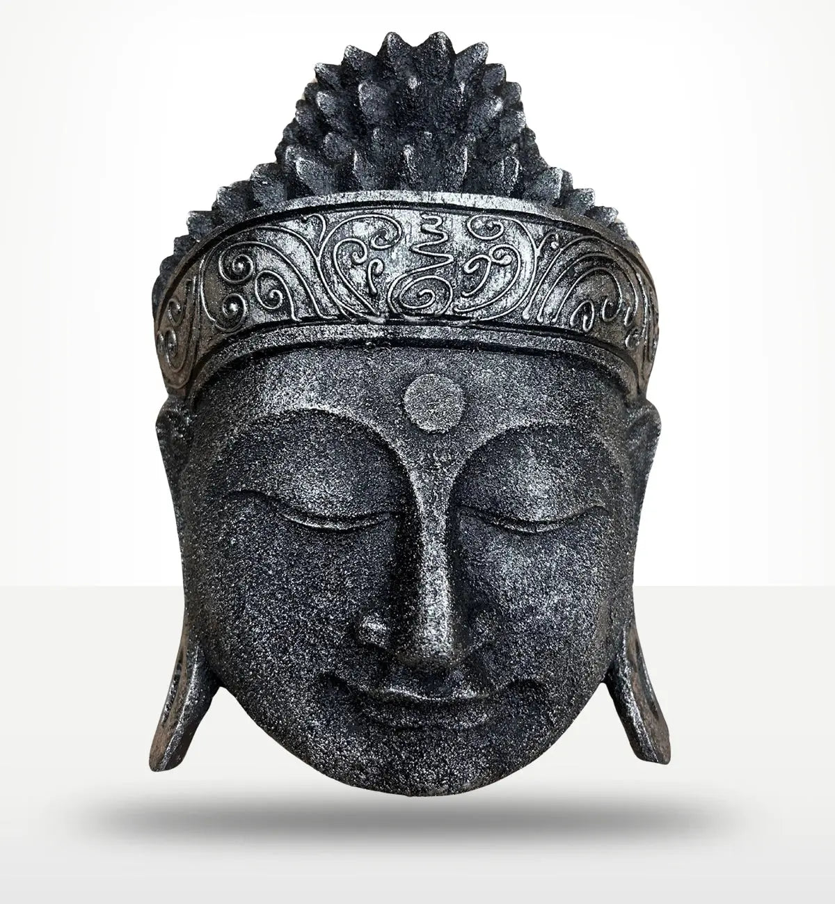 Home Decoration Buddha Head - 25cm - Silver Shine Finish features a serene Buddha head with intricate detailing and a textured silver shine, perfect for Buddha decor.