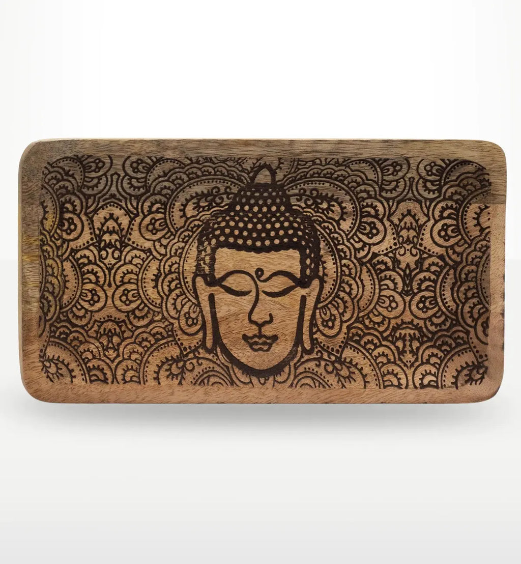 Long Tray 30x15x2.5cm - Buddha Face Black Engraved wooden tray featuring a detailed black engraved Buddha face surrounded by intricate mandala patterns.