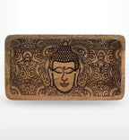 Long Tray 30x15x2.5cm - Buddha Face Black Engraved wooden tray featuring an intricately detailed Buddha face with decorative floral patterns, perfect for Buddha decor.