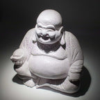 Laughing Buddha Lamp Lavender Crackle - Round Stand showcasing a hand-carved Buddha statue with a lavender crackle finish on a round stand, ideal for elegant Buddha decor.