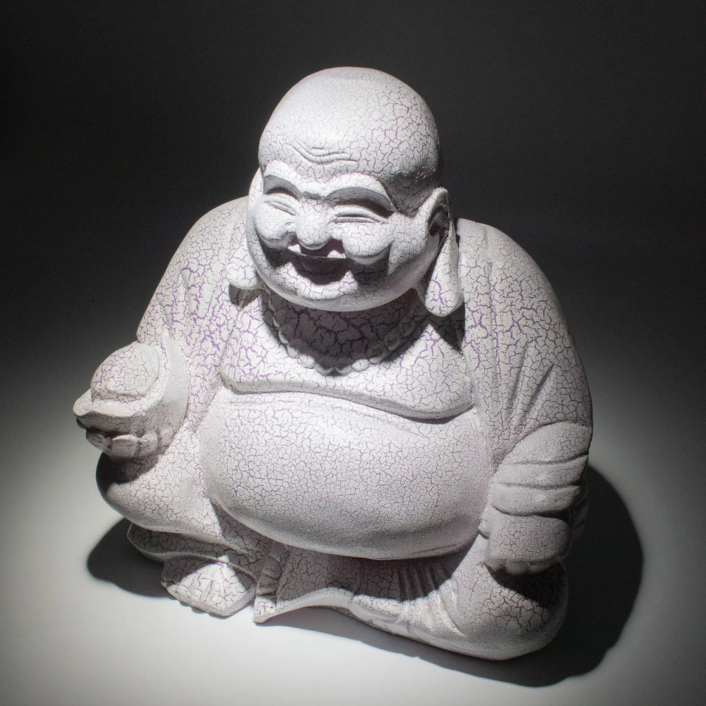 Laughing Buddha Lamp Lavender Crackle - Round Stand, hand-carved resin Buddha statue with a crackled lavender finish and joyful expression, sitting on a round stand.