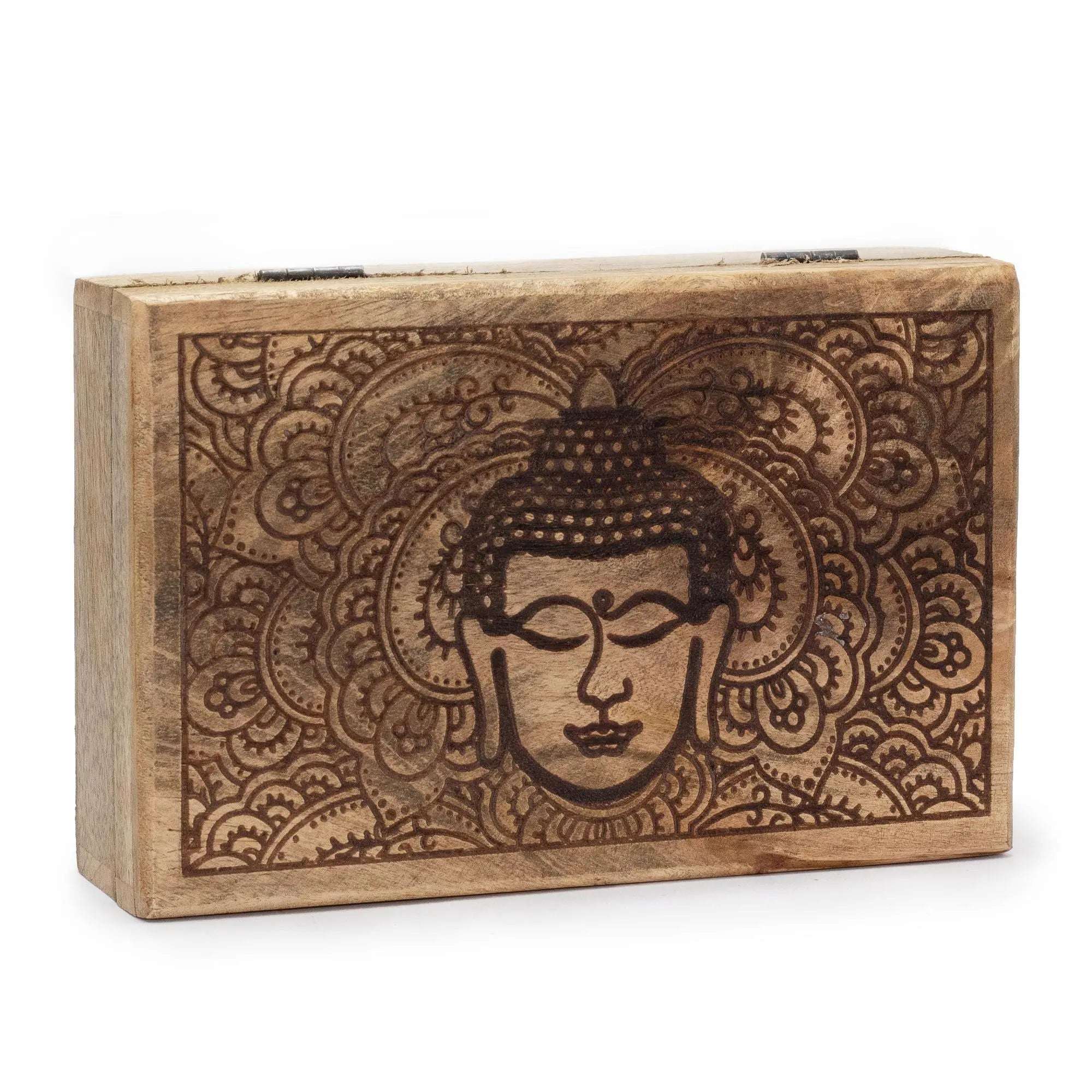 Big Rectangle Box 21.5x14x6.3cm - Buddha Face Black Engraved wooden storage box featuring an intricate Buddha face design with detailed floral etching.