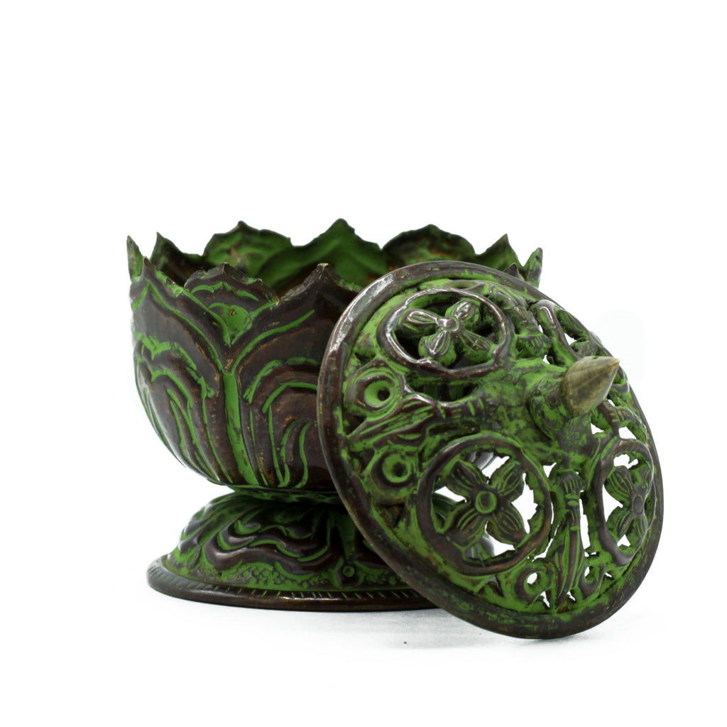 Original studio view of the small brass verdigris lotus incense burner with its pierced floral lid removed.