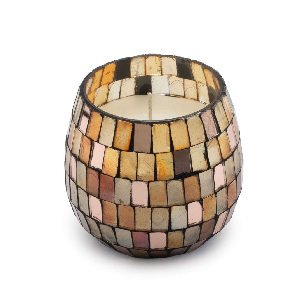 Small Glass Jar Candles - Amber Mosaic featuring a handcrafted amber mosaic glass container with warm, earthy tones designed to create a cozy ambiance.