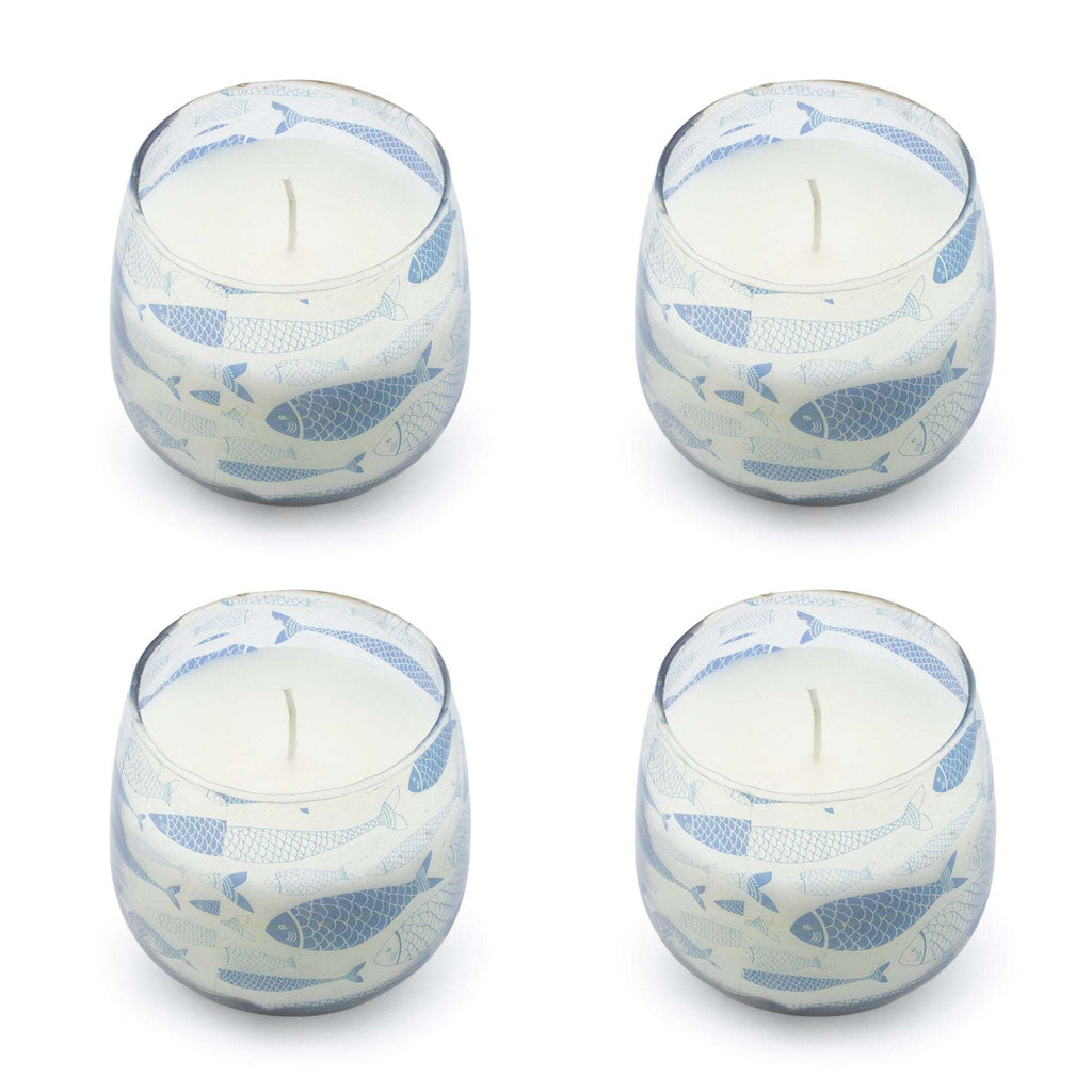 Set of four Small Glass Jar Candles - Seabreeze featuring white wax in transparent glass jars decorated with a blue fish pattern, evoking a fresh ocean theme.