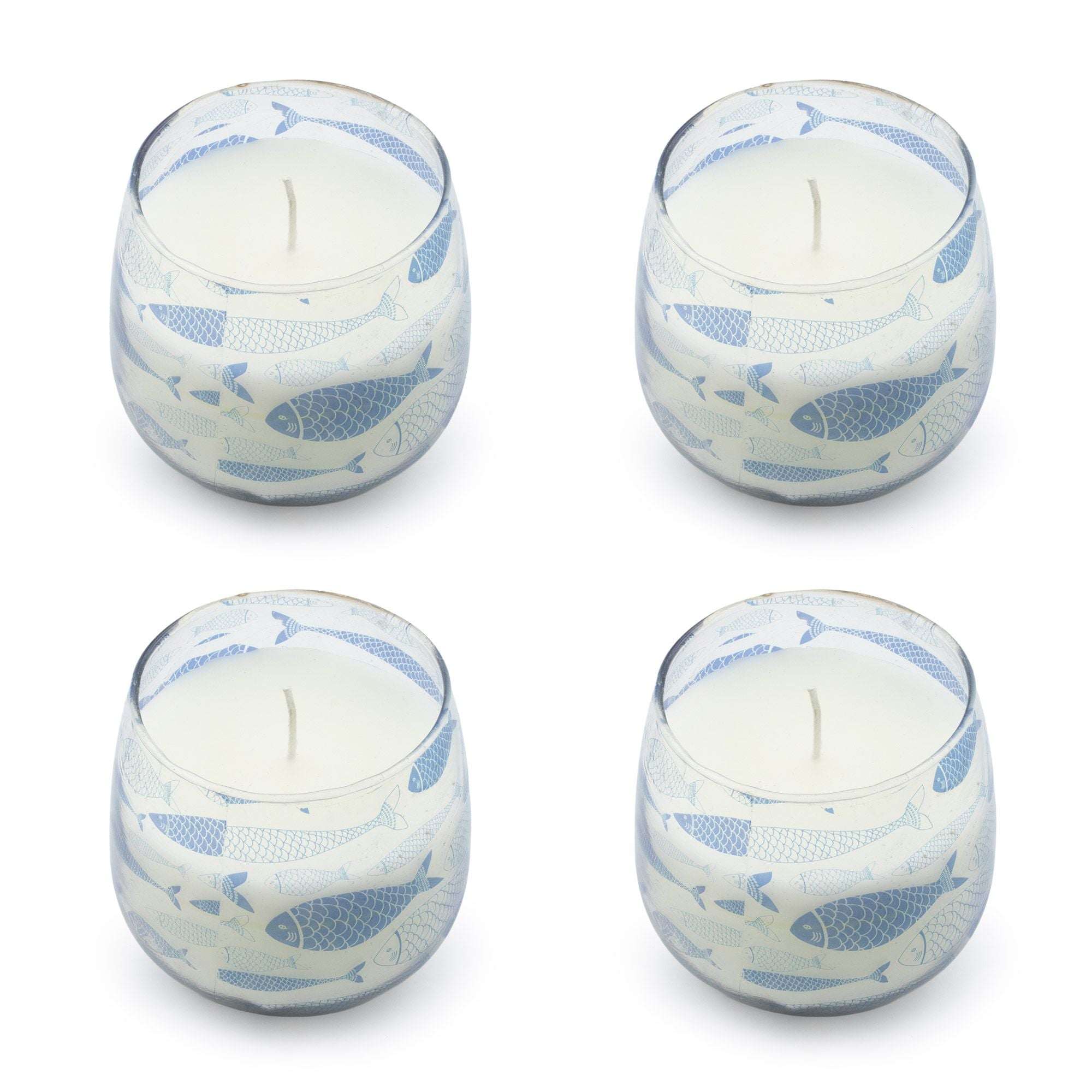 Set of four Small Glass Jar Candles - Seabreeze featuring white wax in transparent glass jars decorated with a blue fish pattern, evoking a fresh ocean theme.