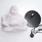 Laughing Buddha Lamp Lavender Crackle - Round Stand showing a lavender crackle textured Buddha figure and a separate black round lamp base with power cord and plug.