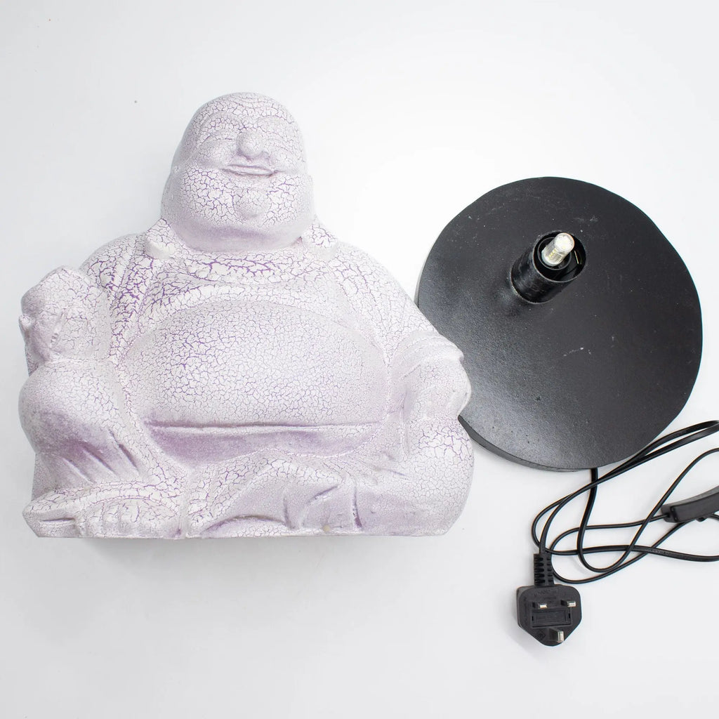 Laughing Buddha Lamp Lavender Crackle - Round Stand featuring a lavender crackle finish Buddha lamp with a separate black round base and power cord, ideal for Buddha decor and glow lamps.