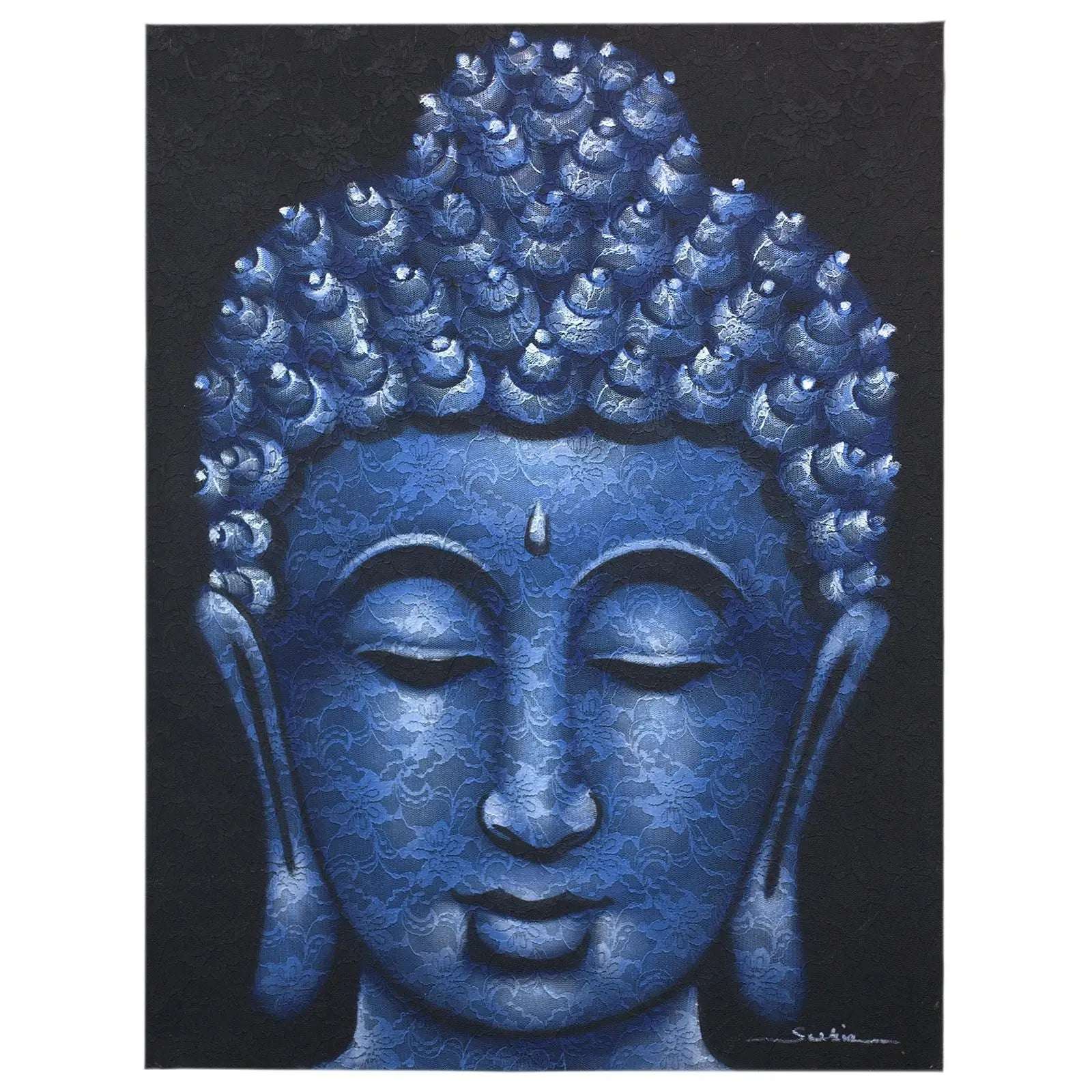 Close-up of a serene Buddha face with intricate blue brocade patterns, featuring calm closed eyes and detailed textured hair in the Buddah Painting - Blue Brocade Detail.
